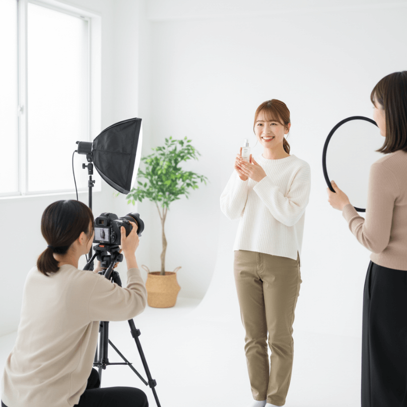 商品紹介を撮影中の女性